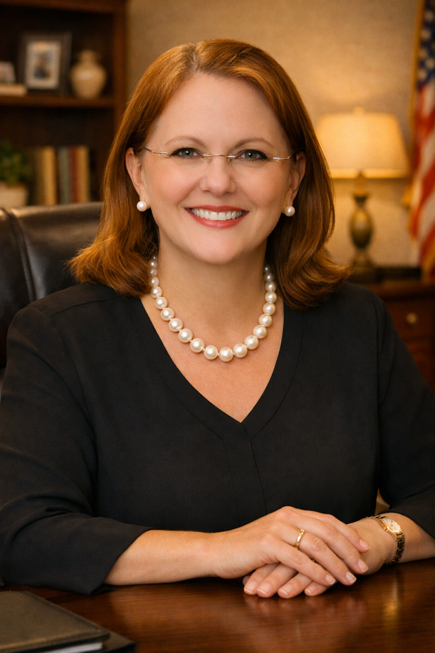 A smiling woman with red hair, wearing glasses, pearl earrings, and a pearl necklace, sitting at a desk in an office with a bookshelf and a lamp in the background.