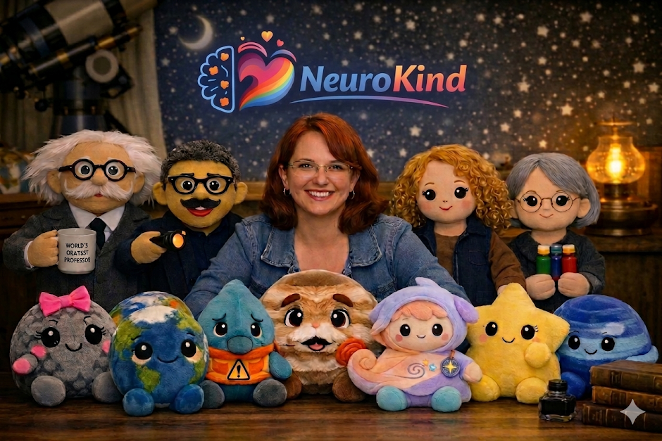 A woman surrounded by plush toys of various colors and characters in front of a backdrop with the NeuroKind logo and stars.