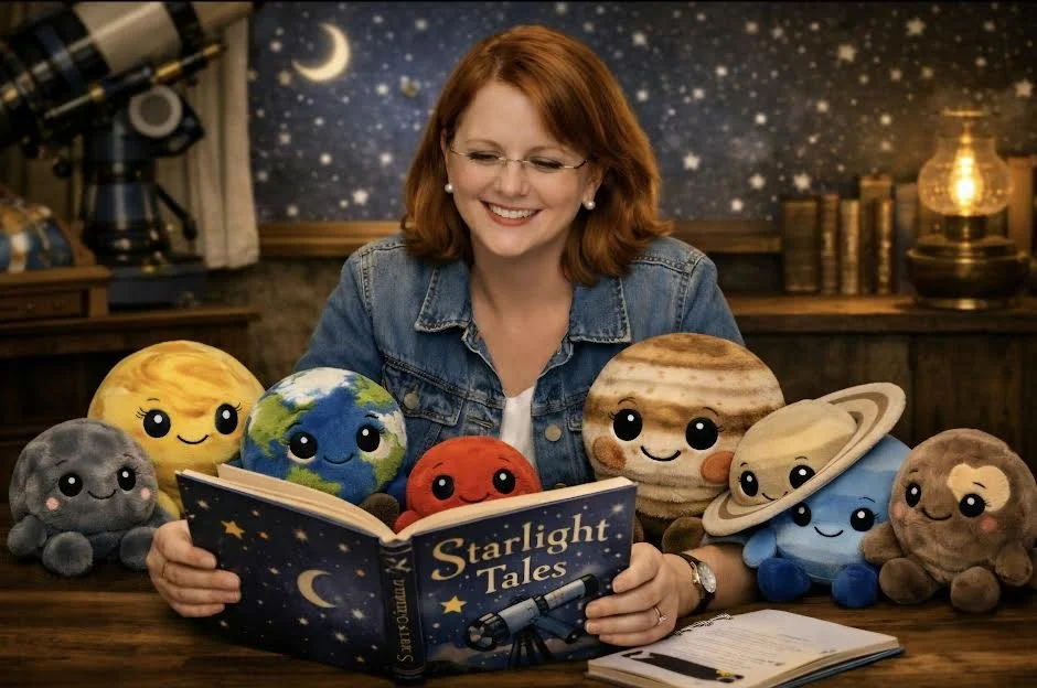 Woman reading a book titled 'Starlight Tales' surrounded by plush toys representing planets and celestial objects in a space-themed room with a telescope and starry wall.