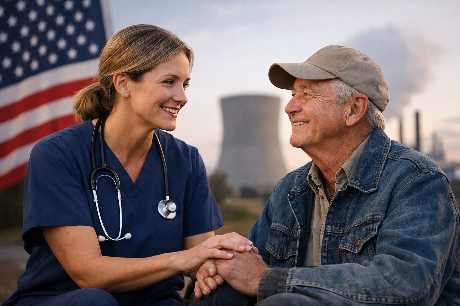 A female nurse or healthcare worker in blue scrubs and a stethoscope around her neck holds hands with an elderly man wearing a denim jacket and a beige cap. They are smiling at each other outdoors near nuclear power plant cooling towers with smoke and an American flag in the background during the evening.