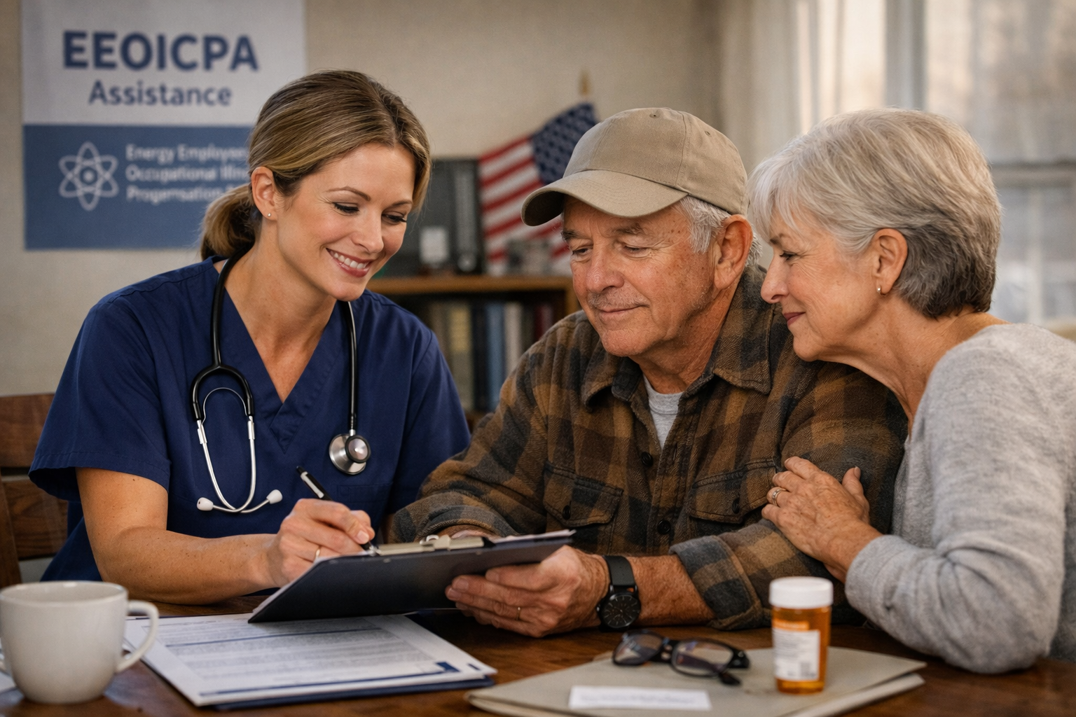 A nurse or healthcare professional in blue scrubs and a stethoscope shows paperwork to an elderly couple at a table in a medical or social service setting, with a sign reading 'EEOICPA Assistance' in the background.