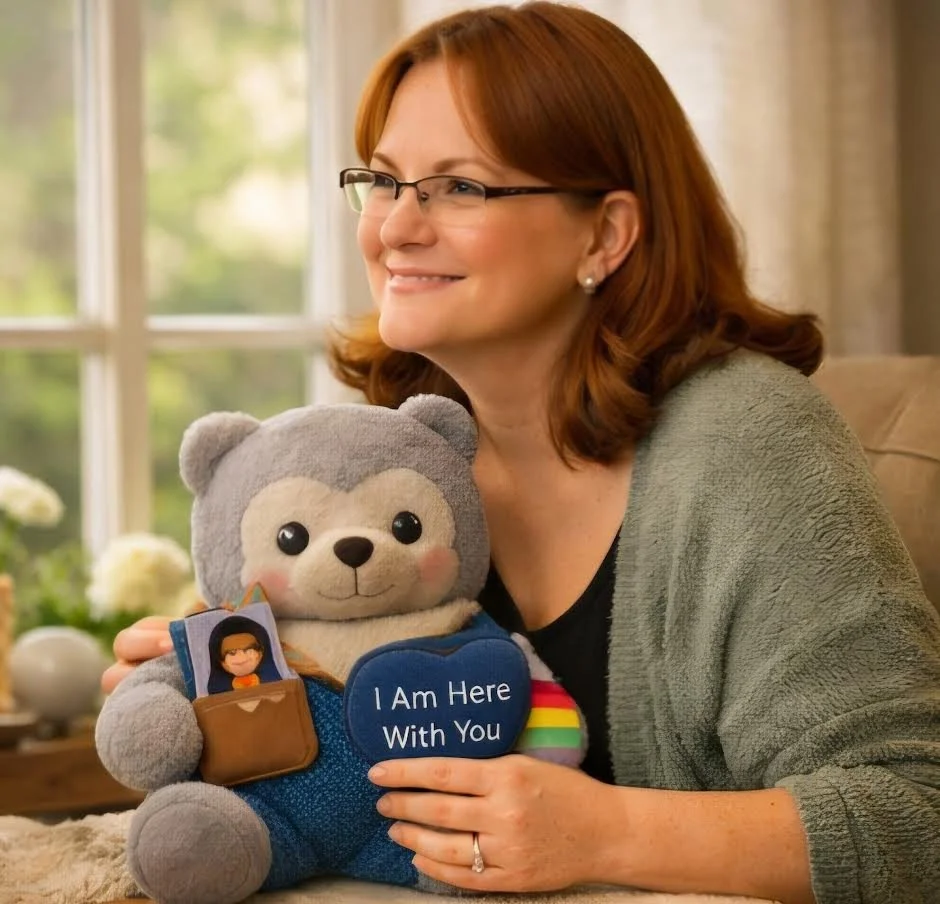 A woman with glasses and red hair smiling while holding a gray teddy bear with rainbow socks and a brown pouch. The bear has a heart that says 'I Am Here With You' and a picture of a young girl in the pouch. The background shows a window with green outdoor scenery.