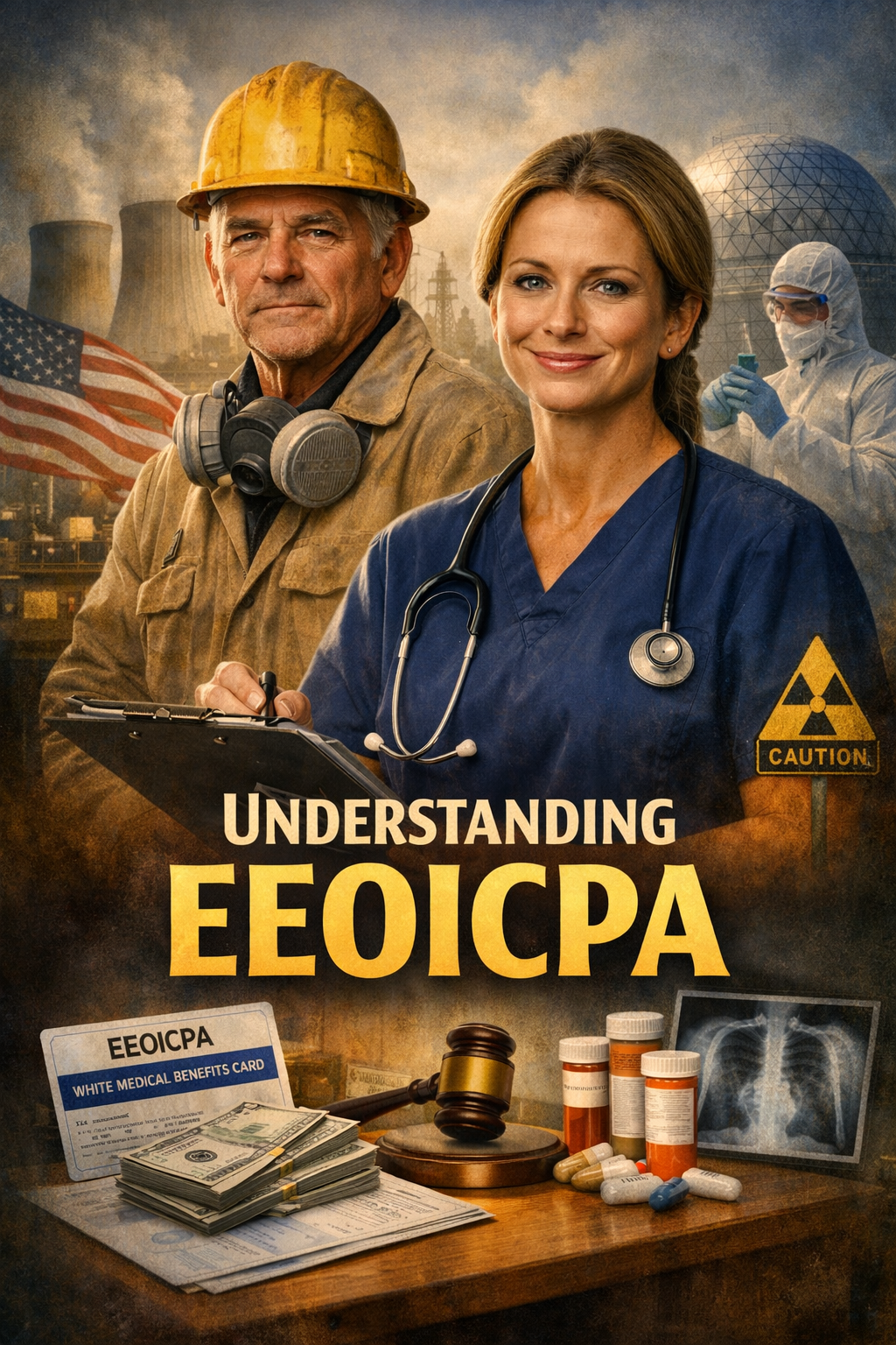 A digital poster featuring a male firefighter with a yellow helmet and breathing mask, a smiling female nurse in blue scrubs with a stethoscope, and a healthcare worker in protective gear with a face shield and mask. In the background, there are industrial cooling towers and a geodesic dome. The foreground shows legal and medical items including a gavel, pills, prescription bottles, a lung X-ray, and stacks of cash with an 'EEOICP' health card. The title reads 'Understanding EEOICP' with a caution sign.