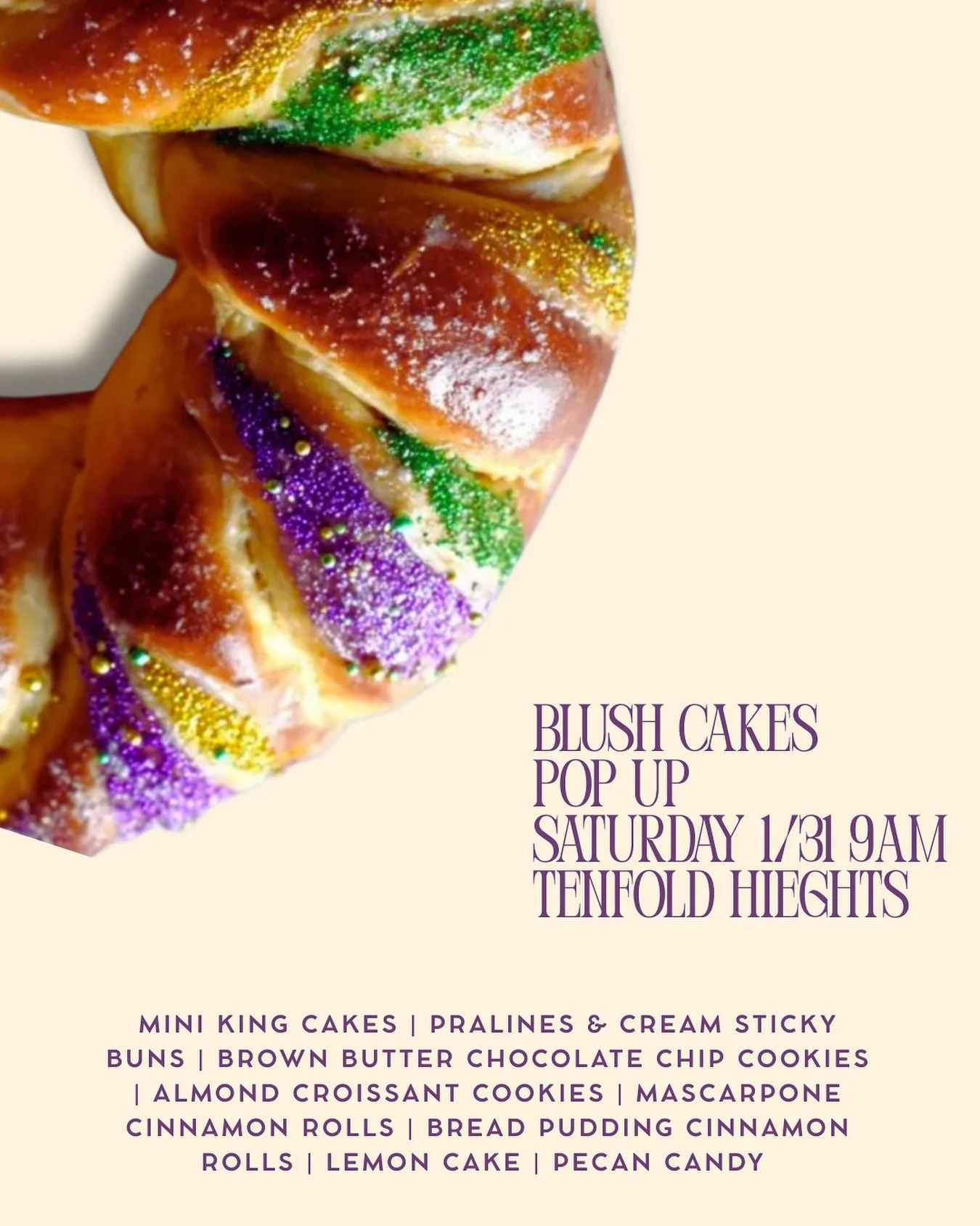 Couldn&rsquo;t let the month end without a pop-up moment ✨ Join me this Saturday at Tenfold Heights at 9AM &mdash; sold out. 

In honor of Mardi Gras, I&rsquo;m hosting a mini giveaway 🎭 Share, comment, and follow to enter for a box of 4 menu items.