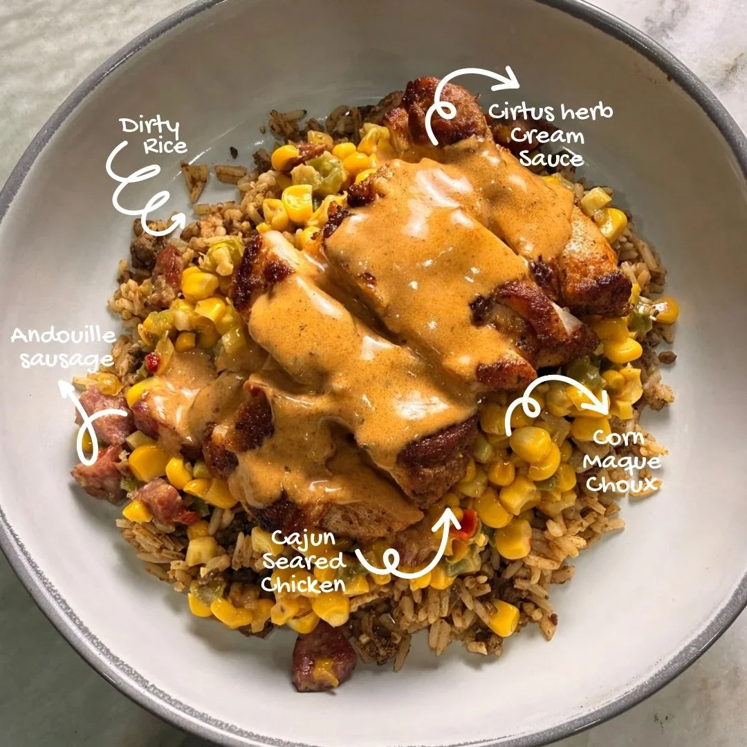 Rich. Saucy. Comforting. Just like home. 
 
Meet our Comfort Bowl, layered with ALL the flavor. Fluffy dirty rice, sweet &amp; savory corn maque choux, pan-seared Cajun chicken, and finished with our Citrus Herb Cream Sauce.
 
I was testing this reci