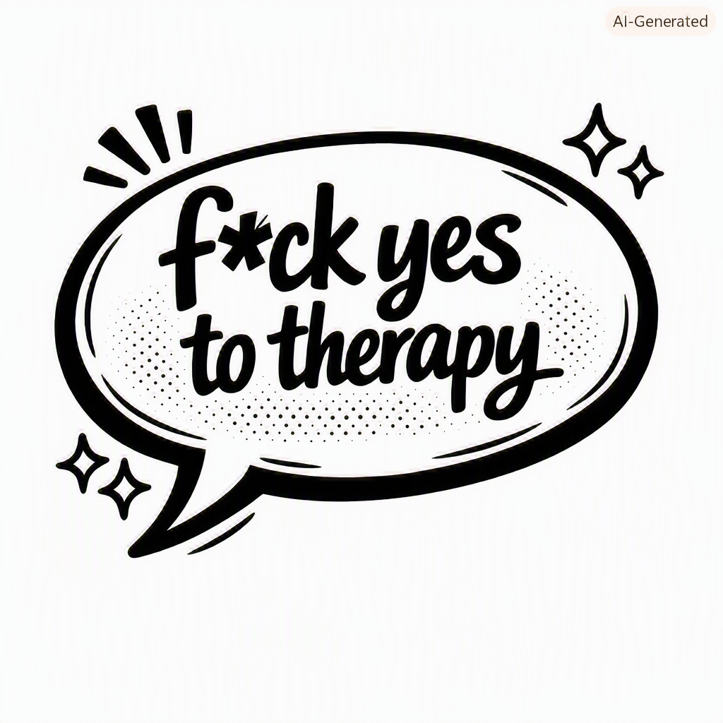 A black and white graphic speech bubble with the text 'f*ck yes to therapy' and decorative sparkles around it.
