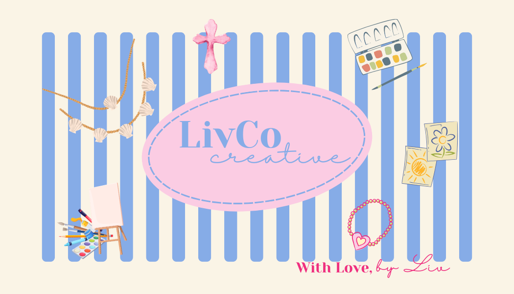 A creative arts and crafts workspace with a blue and white striped background, featuring a pink oval logo in the center that says 'LivCo creative,' surrounded by paint supplies, drawings, a watercolor palette, and a jewelry bracelet.