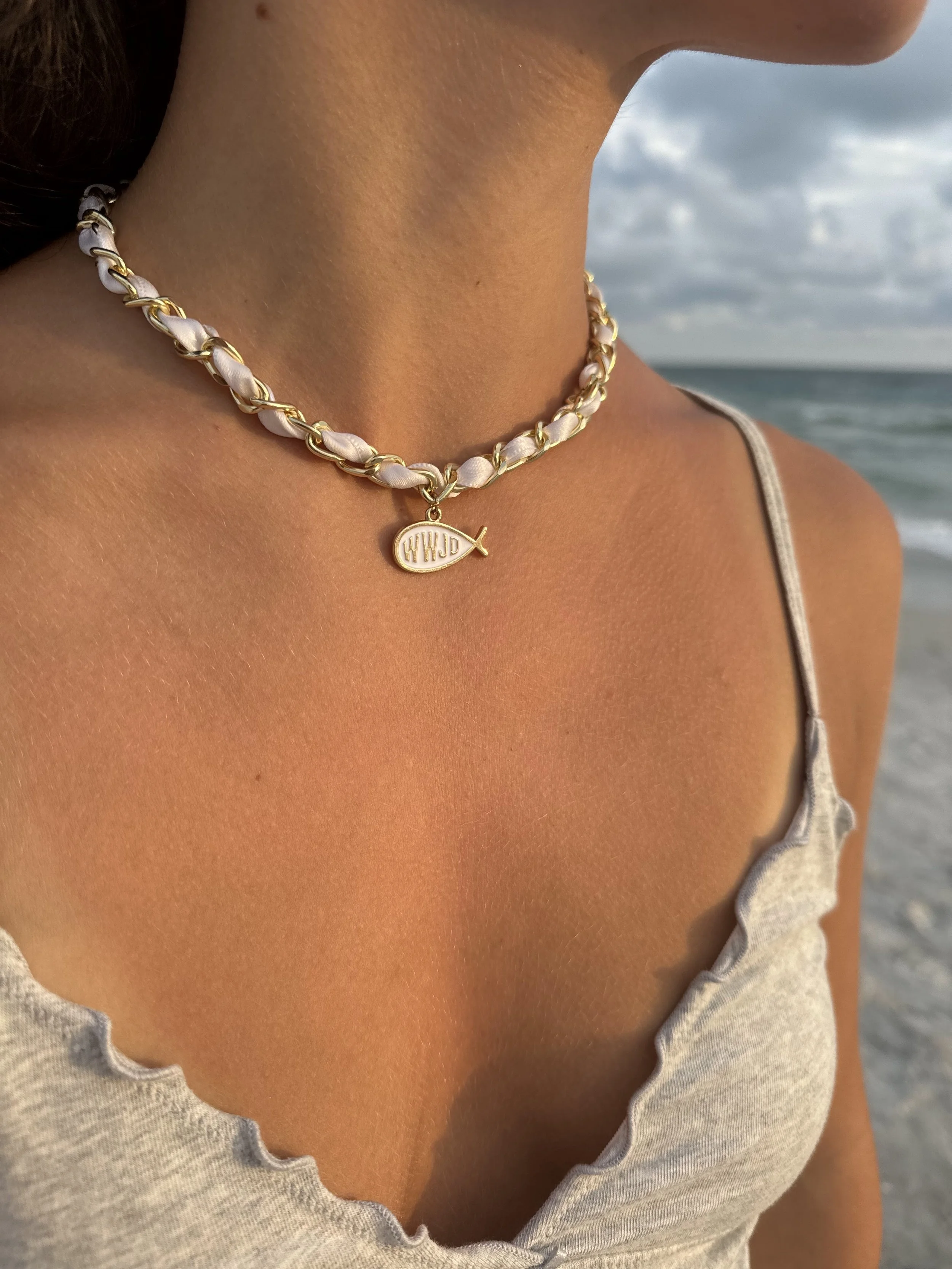 WWJD Jesus Fish Ribbon Necklace