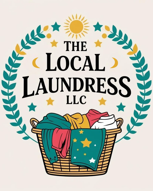Logo for The Local Laundress LLC with a laundry basket filled with clothes, surrounded by decorative stars, moons, and a sun.