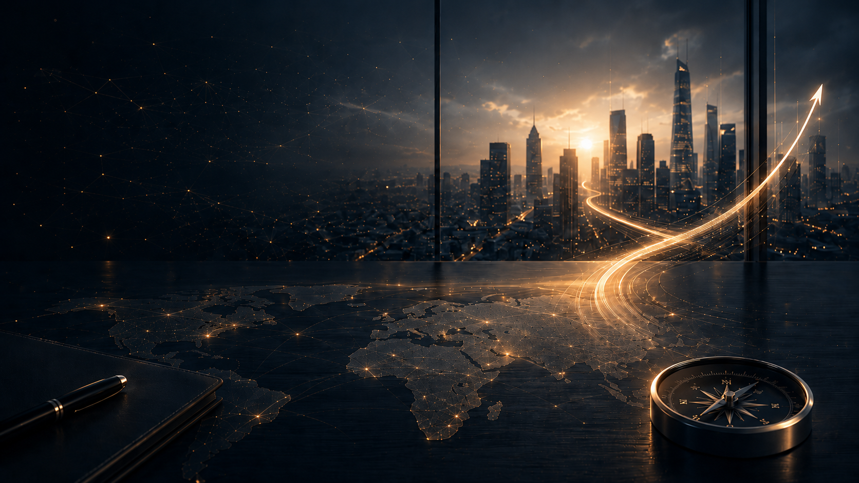 A futuristic office view of a city skyline at sunset, with glowing golden lines and a digital world map on the table surface, a pen, a notebook, and a compass.