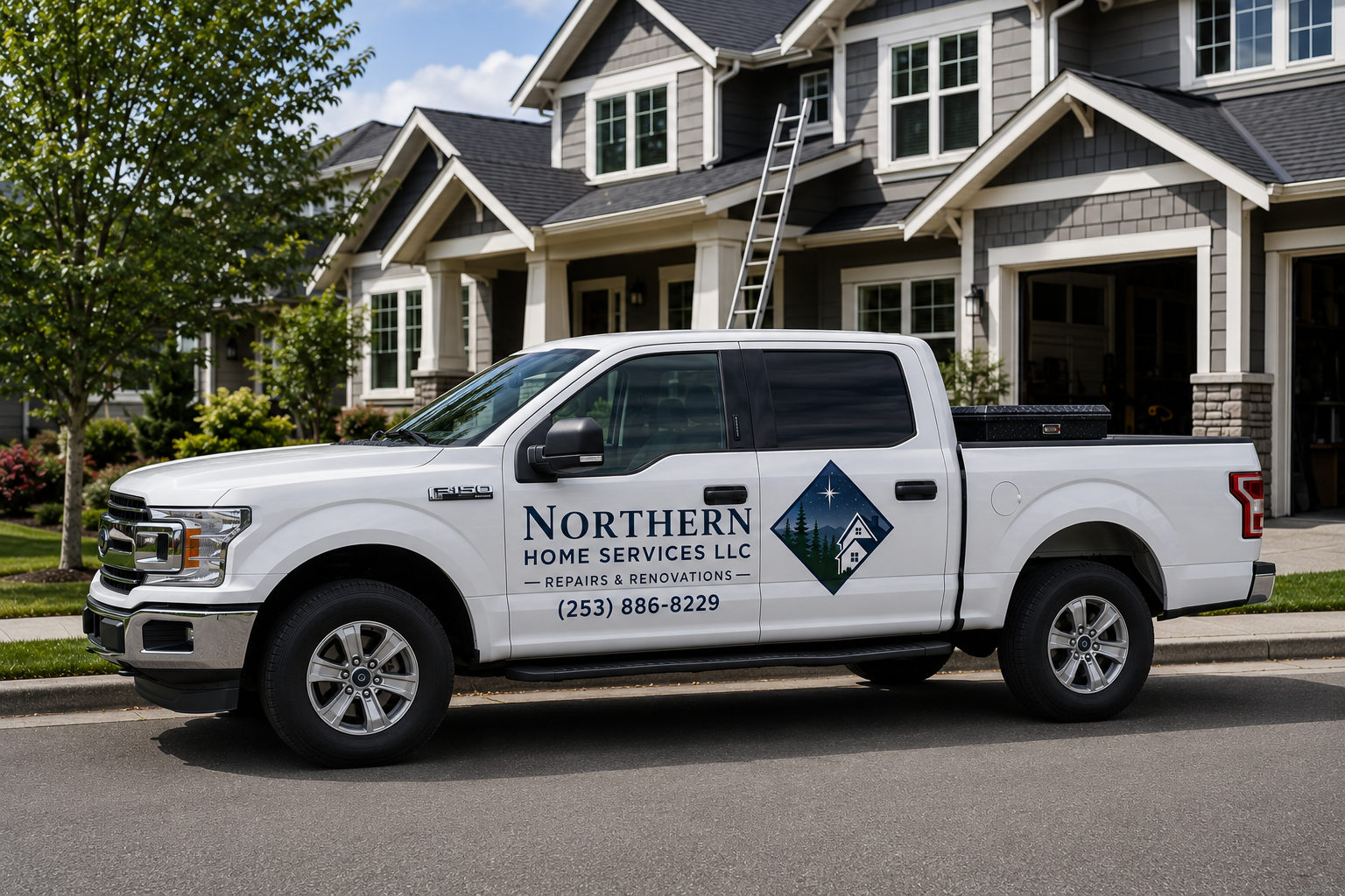 A white pickup truck parked on the street in front of a house with gray siding and multiple windows. The truck has the logo and contact information for Northern Home Services LLC, which offers repairs and renovations.