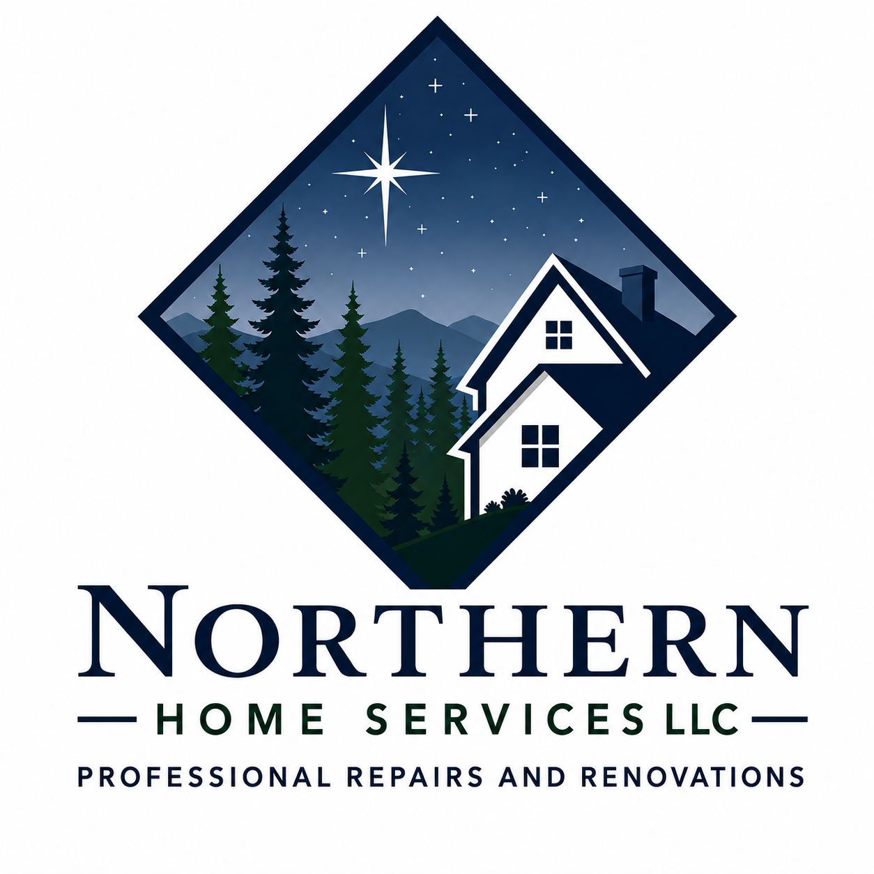 Logo for Northern Home Services LLC showing a nighttime mountain scene with pine trees, a house with a chimney, a large star, and smaller stars above. Text reads 'Northern Home Services LLC' and 'Professional Repairs and Renovations'.