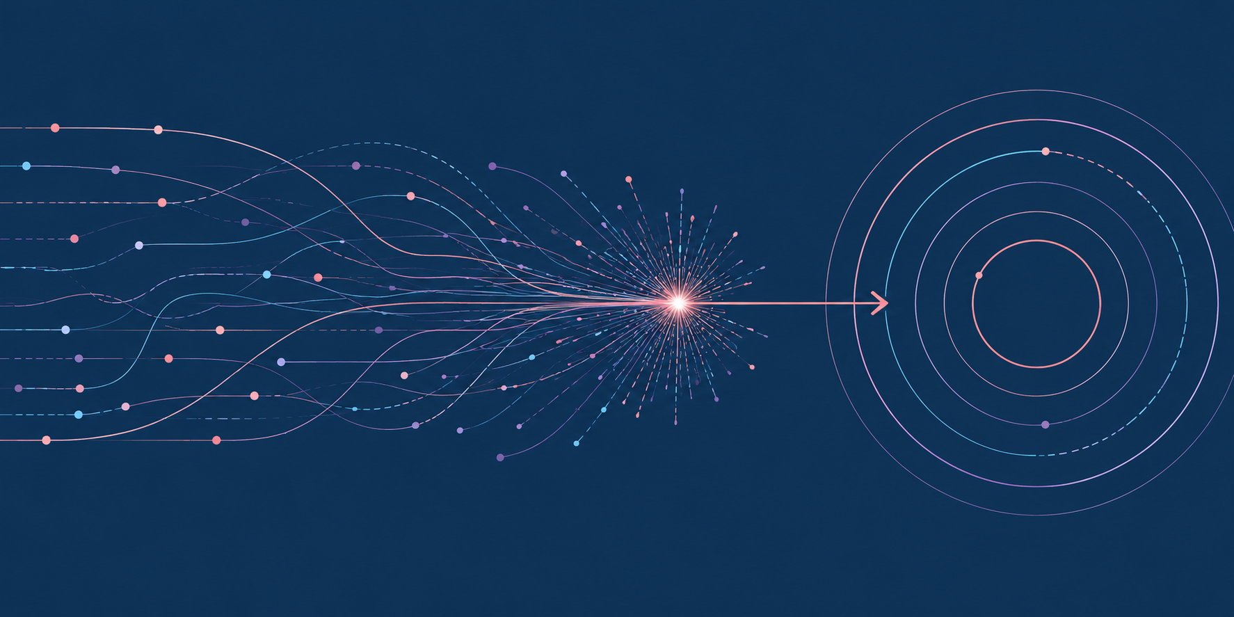 A digital illustration showing particles and lines converging toward a bright focal point, with concentric circles emanating from the focal point on a dark blue background.