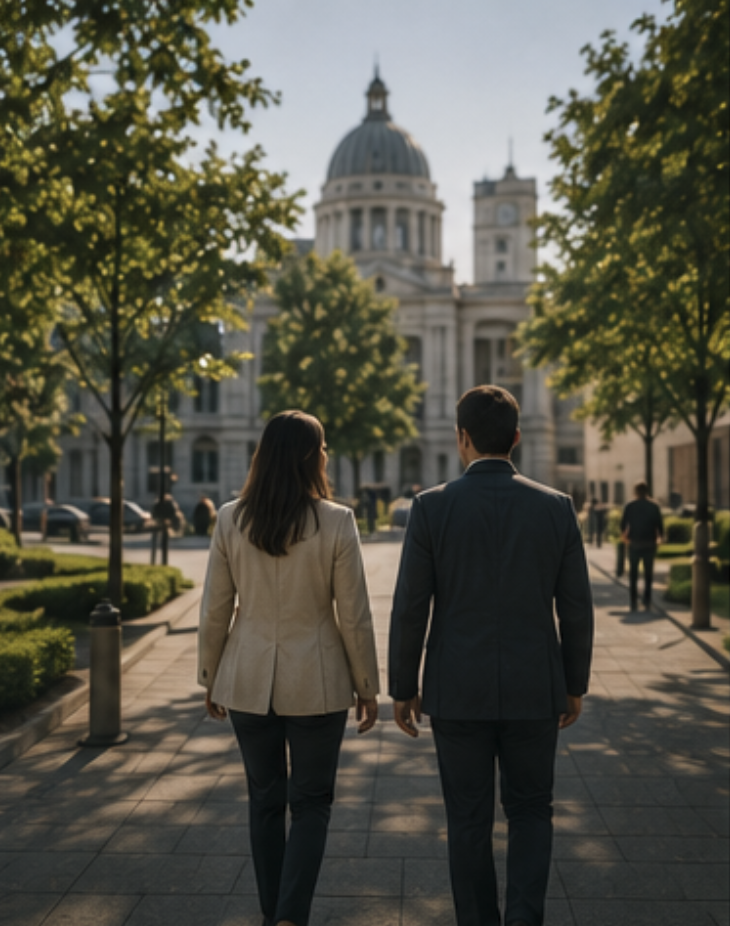A man and woman walking together on a city sidewalk in front of a large government or historical building with a dome, surrounded by green trees.