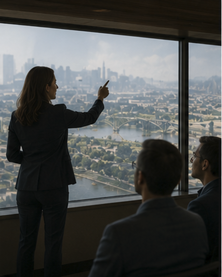 Businesswoman giving a presentation with a city skyline and river view in the background.