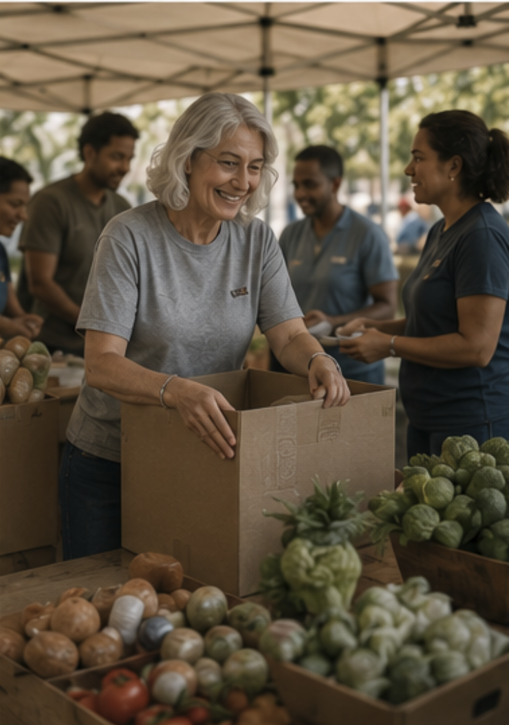 An elderly woman with white hair smiling while packing vegetables into a box at a farmers market stall. Several people are in the background, engaging in activities under a canopy, surrounded by fresh produce like onions, tomatoes, and leafy greens.