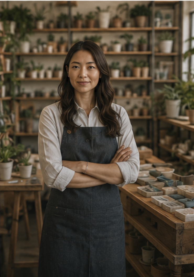 Woman with long dark hair smiling, standing with arms crossed in a store filled with plants and pottery, wearing a white shirt and dark apron.