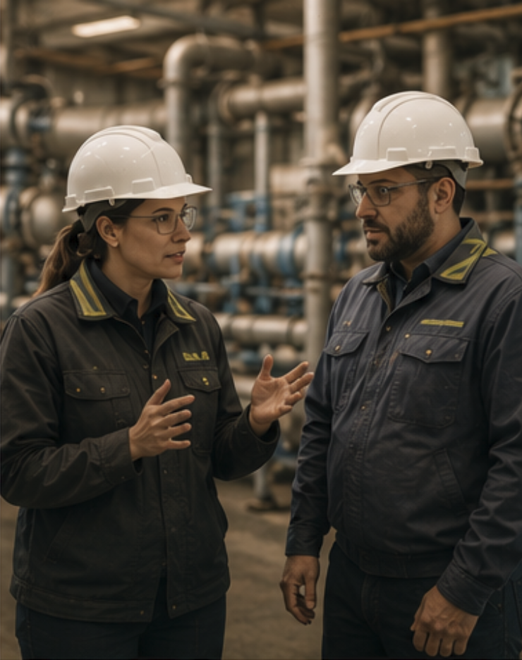 Two industrial workers, wearing white safety helmets and dark uniforms, are having a discussion in a factory surrounded by pipes and machinery.