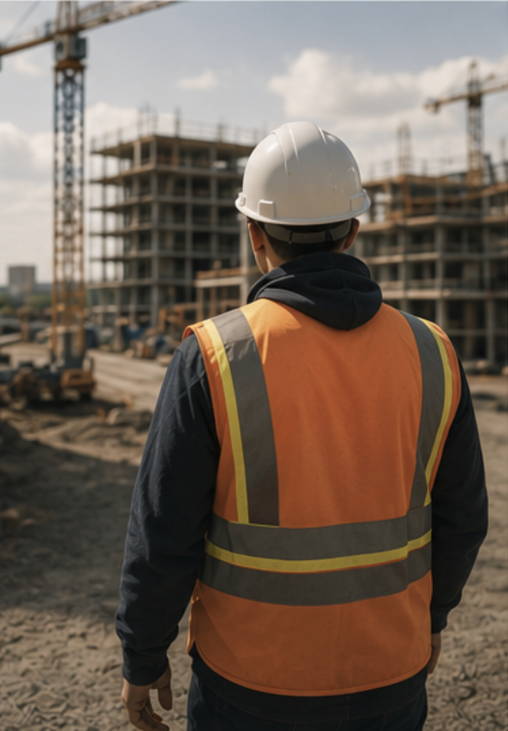 A construction worker wearing a white hard hat and orange safety vest looking at ongoing building construction with cranes in the background.