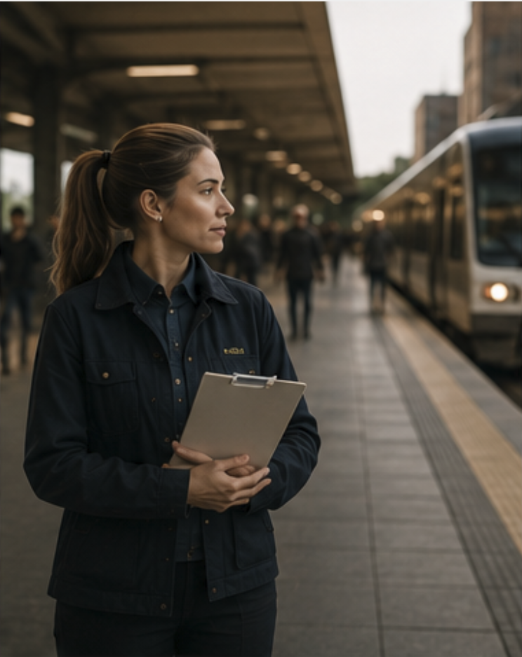 A woman holding a clipboard at a train station, with a train on the platform and other people in the background.