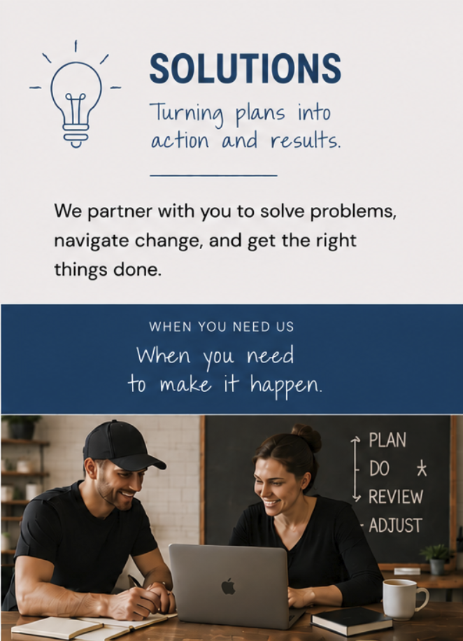 A promotional flyer for a solutions consulting service featuring a lightbulb icon, the word 'SOLUTIONS' in bold, and text describing turning plans into actions and results, partnering to solve problems, and the phrase 'When you need to make it happen.' The lower part shows a man in a cap and a woman smiling while working on a laptop in a workspace with a blackboard that says 'PLAN, DO, REVIEW, ADJUST'.