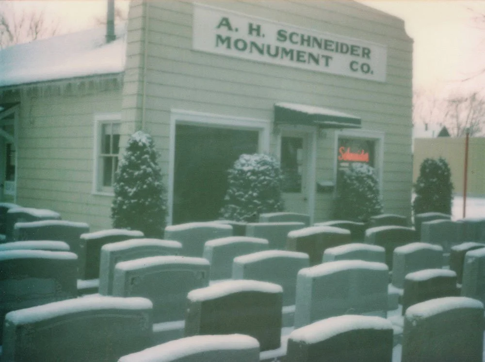 AH Schneider Monument building in winter.