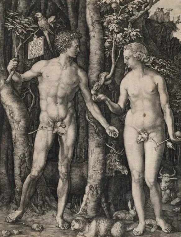 A black and white illustration from the biblical story of Adam and Eve in the Garden of Eden, depicting Adam holding a sign and a bird, and Eve holding a snake. They are surrounded by animals and trees.