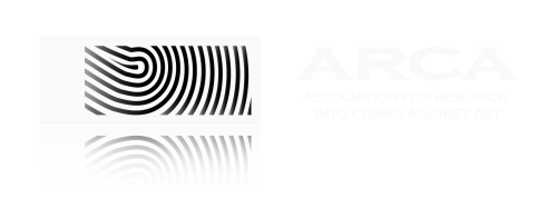 Optical illusion with black curved lines on a white background creating a 3D tunnel effect, alongside the ARCA logo and text 'Association for Research into Crimes Against Art' in light gray.