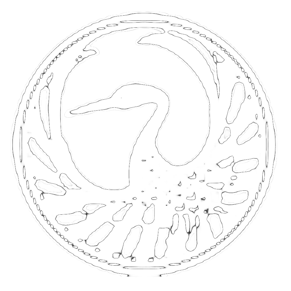 A black and white stylized logo featuring a bird inside a circular border with radial lines.