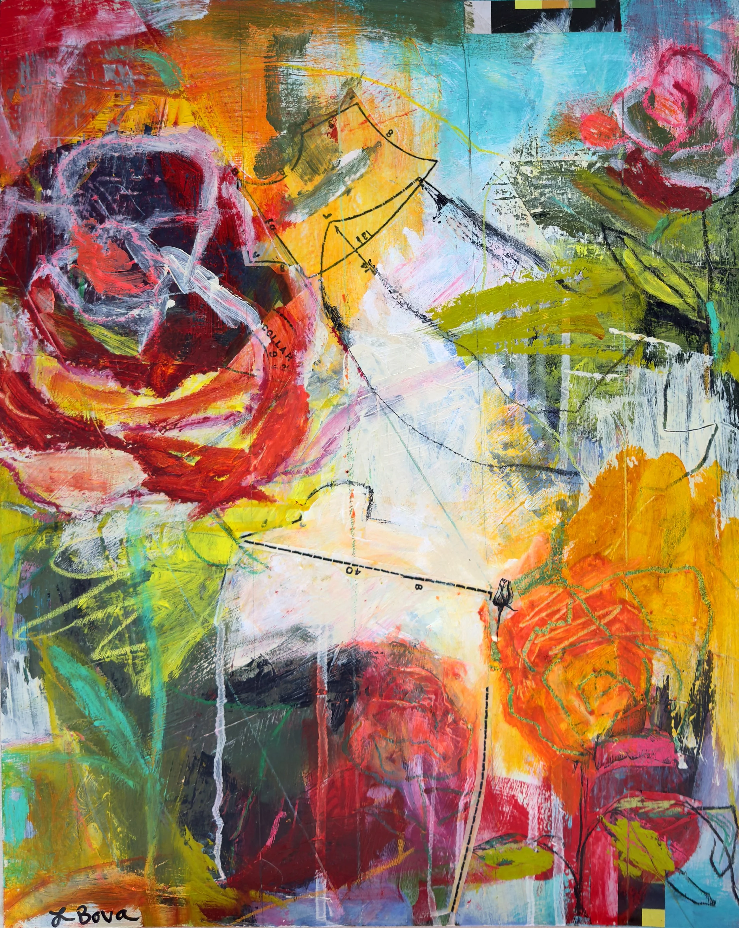 Expressive mixed-media abstract painting of vibrant roses with layered brushwork, sewing pattern elements, and bold colors including red, orange, turquoise, and yellow.