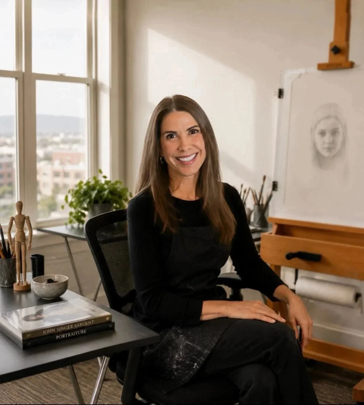 A woman with long brown hair smiling, sitting in an art studio or workspace with a drawing of her portrait on an easel behind her, a desk with art supplies, a potted plant, and large windows showing a cityscape outside.