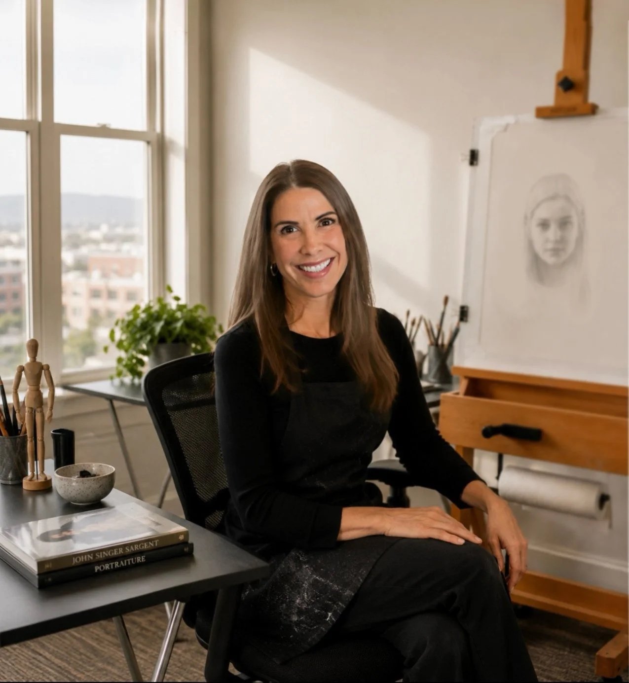 A woman sitting at an art studio or workspace, smiling, with a drawing of a face on an easel behind her, near a large window with cityscape view, and art supplies on a table.