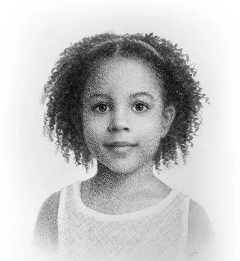 Black and white drawing of a young girl with curly hair, wearing a sleeveless top, looking directly at the camera with a neutral expression.