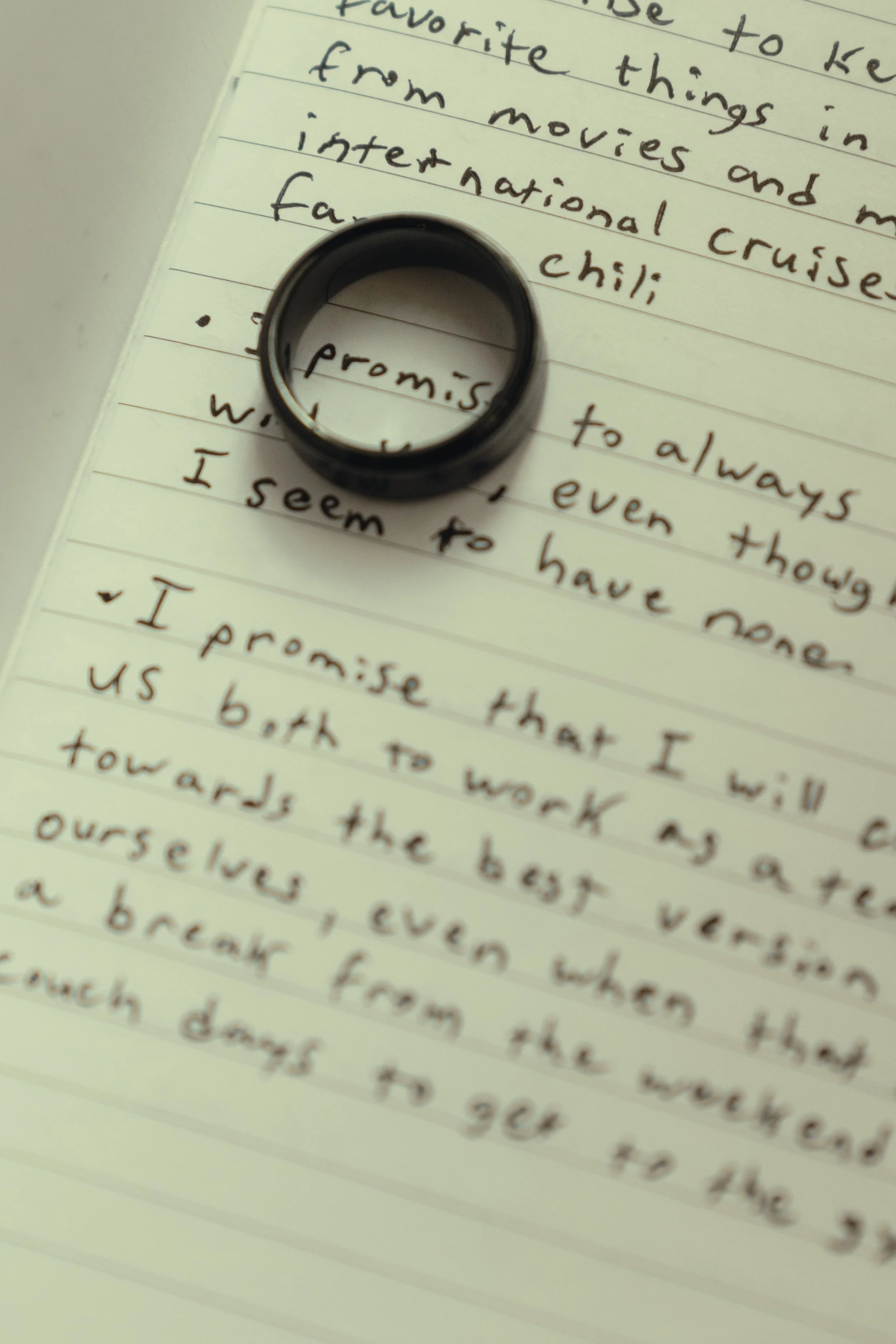 Close-up of a handwritten note on lined paper with a black ring placed on top. The note discusses promises and touching.