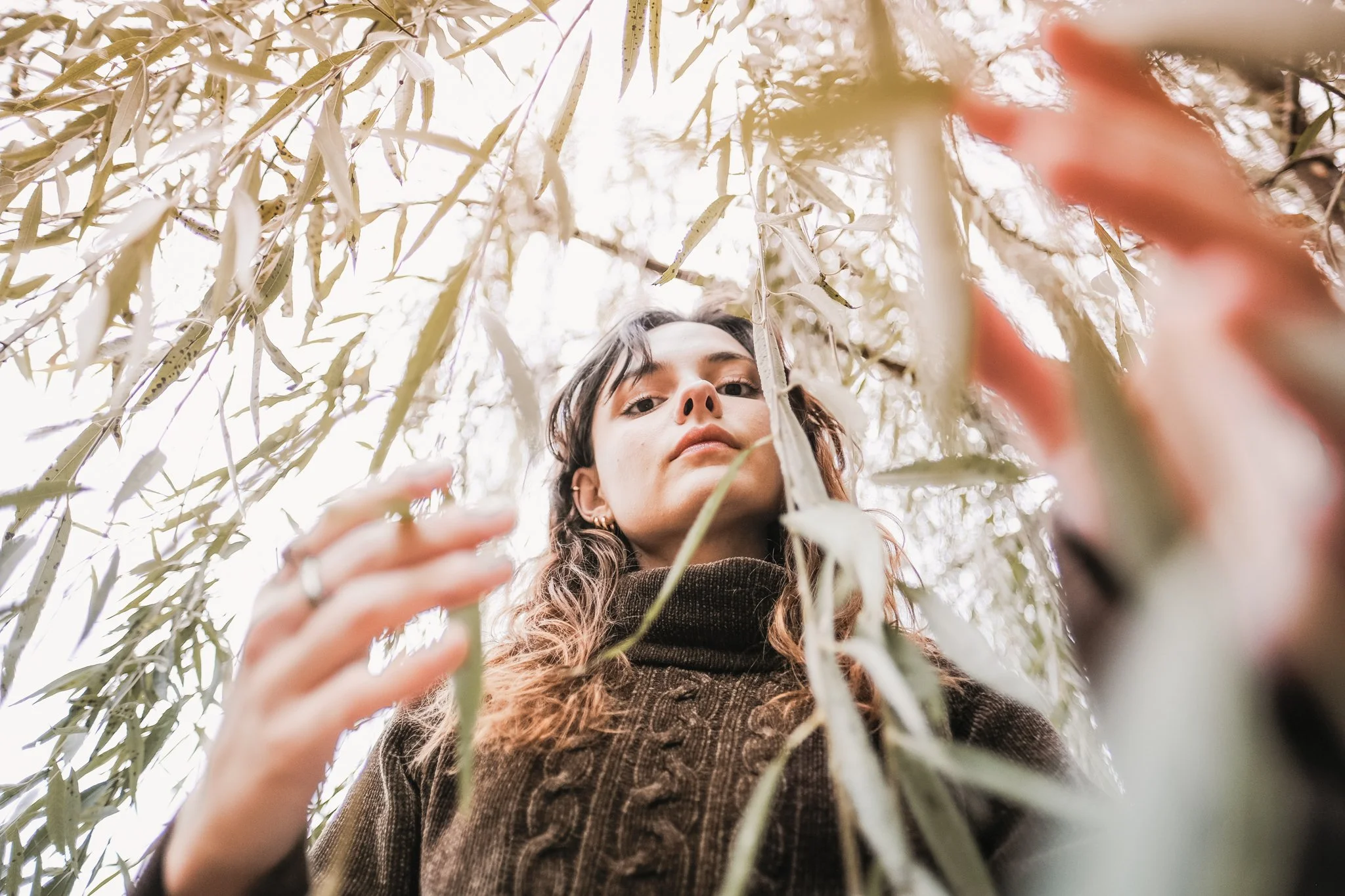 A person with long, curly hair and a brown coat is seen from below, reaching up and touching leaves or branches of a tree or plant with dried, pale leaves and twigs against a bright sky.