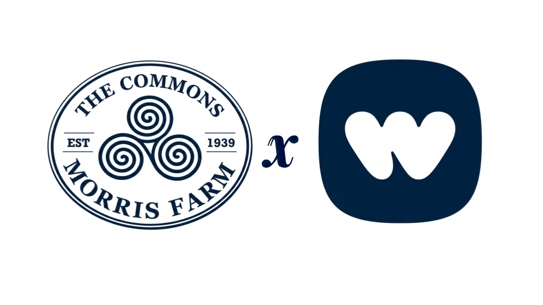 Logo of The Commons Morris Farm with intertwined spirals, a stylized 'x', and an app icon featuring a heart-shaped 'W'.