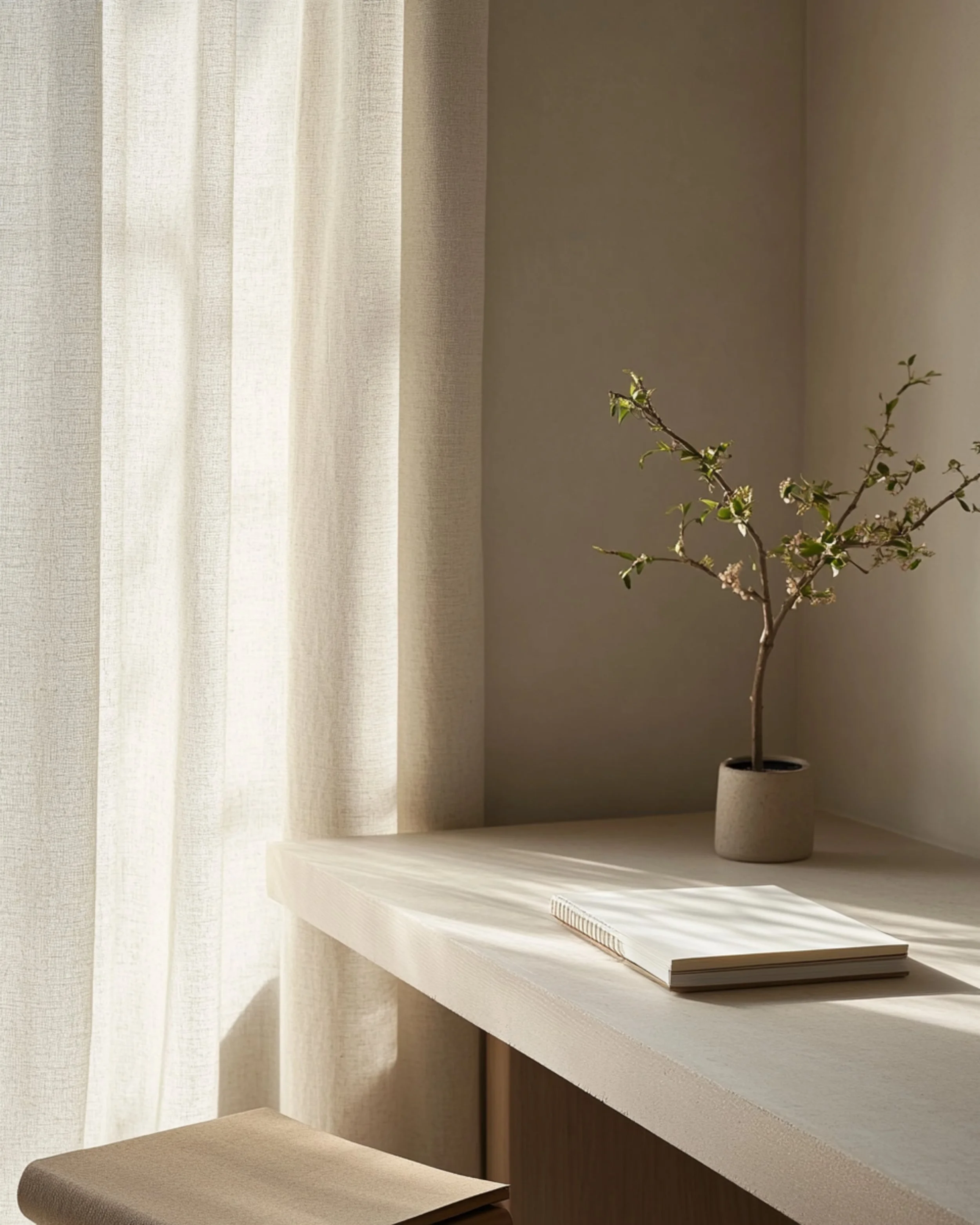 A minimalist interior scene with light-colored curtains, a small potted plant on a white shelf, a closed notebook, and a brown upholstered stool.