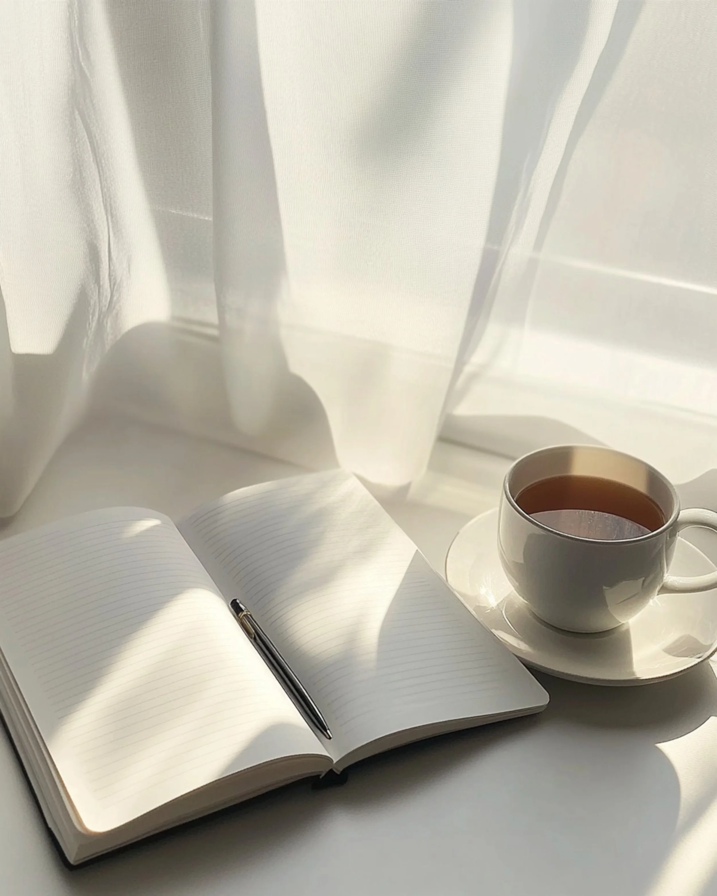 An open blank notebook with lined pages, a pen placed on it, a white cup of coffee on a saucer, and sunlight streaming through a sheer white curtain.