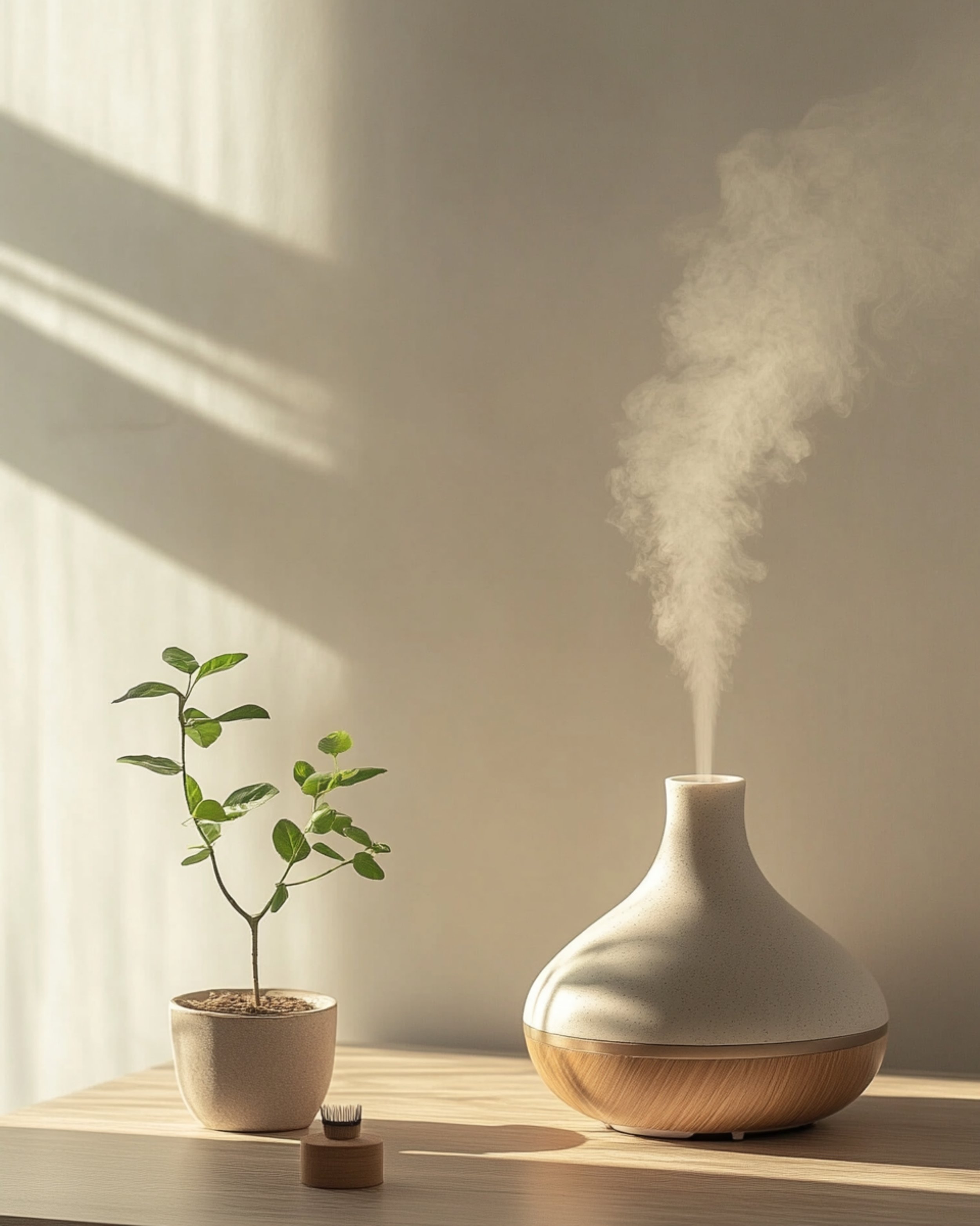 A potted plant, a diffuser, and a ceramic vase on a wooden surface, with sunlight streaming through blinds.