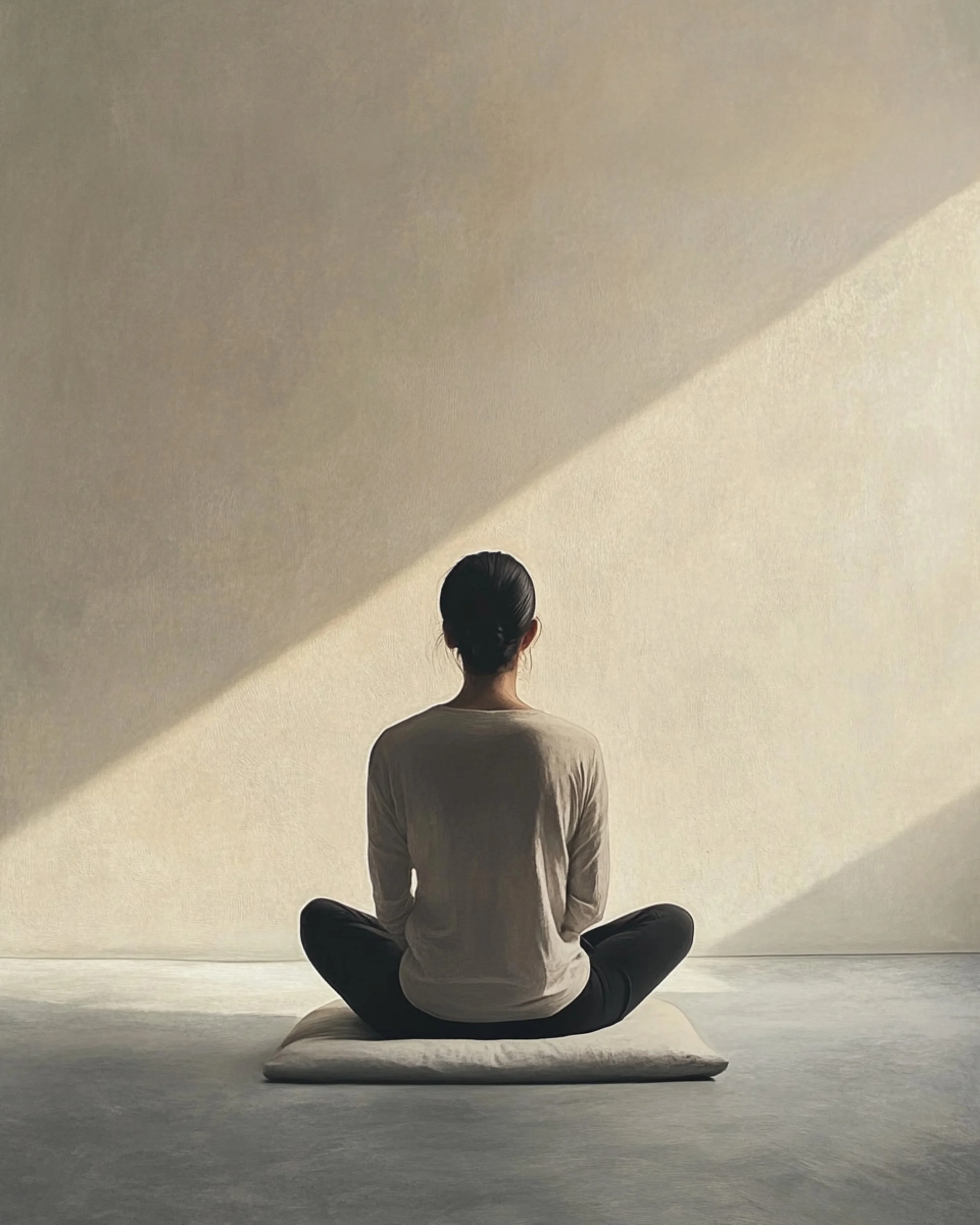 Person practicing yoga in a seated meditation pose on a cushion, facing a plain, lightly textured wall with shadows creating a diagonal pattern.