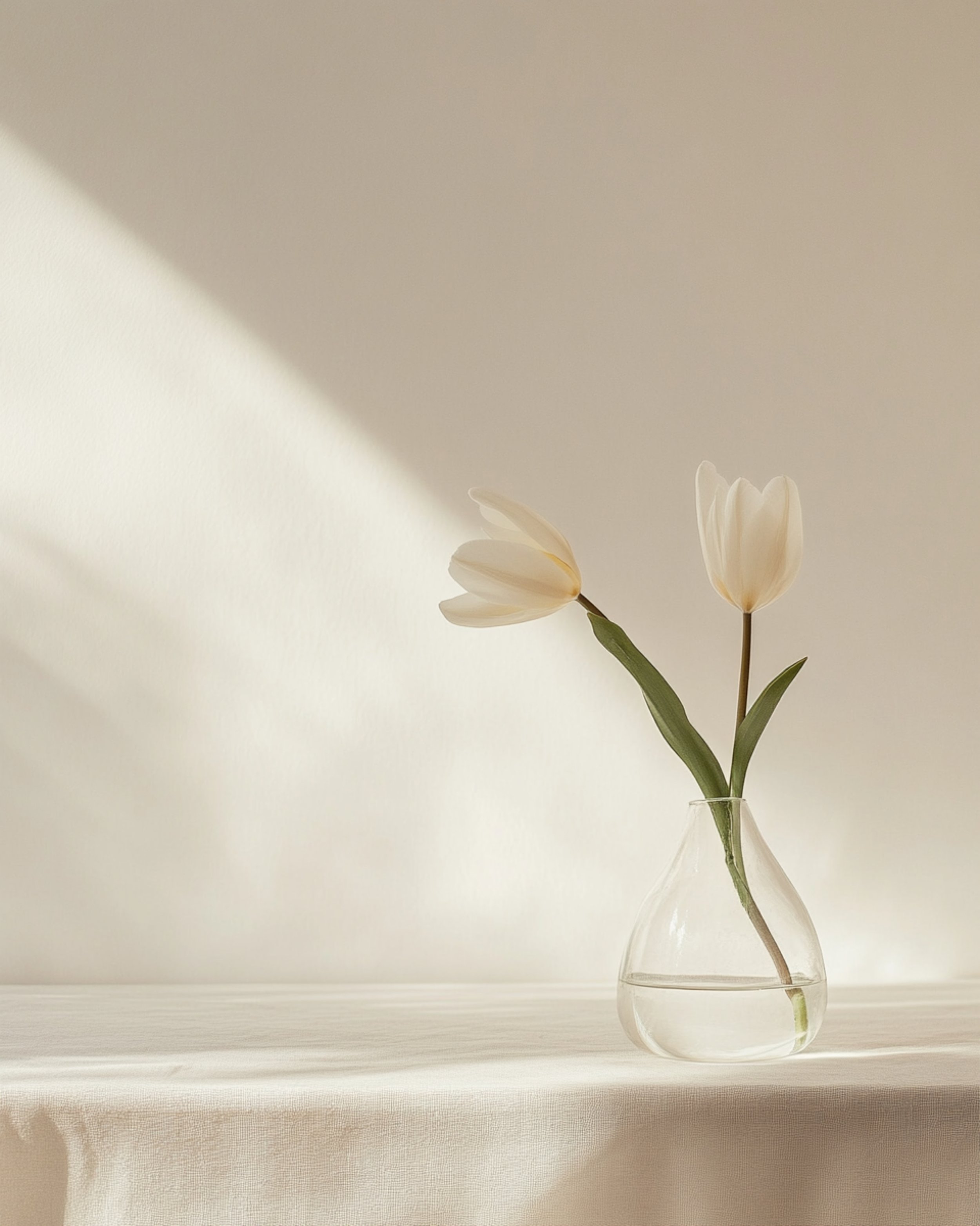 A clear glass vase with a small, round body and a narrow neck holding a few white lilies with green leaves. The vase is on a white wooden surface against a light background.