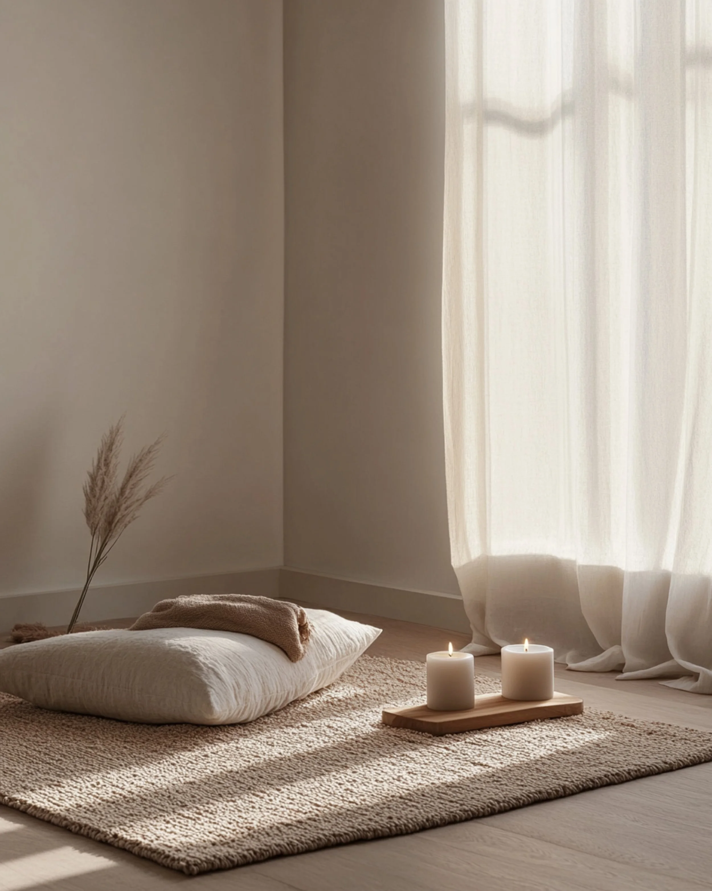 A cozy, minimalist bedroom with a low, cushioned bed on a textured beige rug. There is a beige blanket draped over the bed, and tall, driftwood-like grass in a glass vase at the corner. Sheer curtains allow soft natural light to fill the room, and three white candles are placed on a wooden tray on the floor.