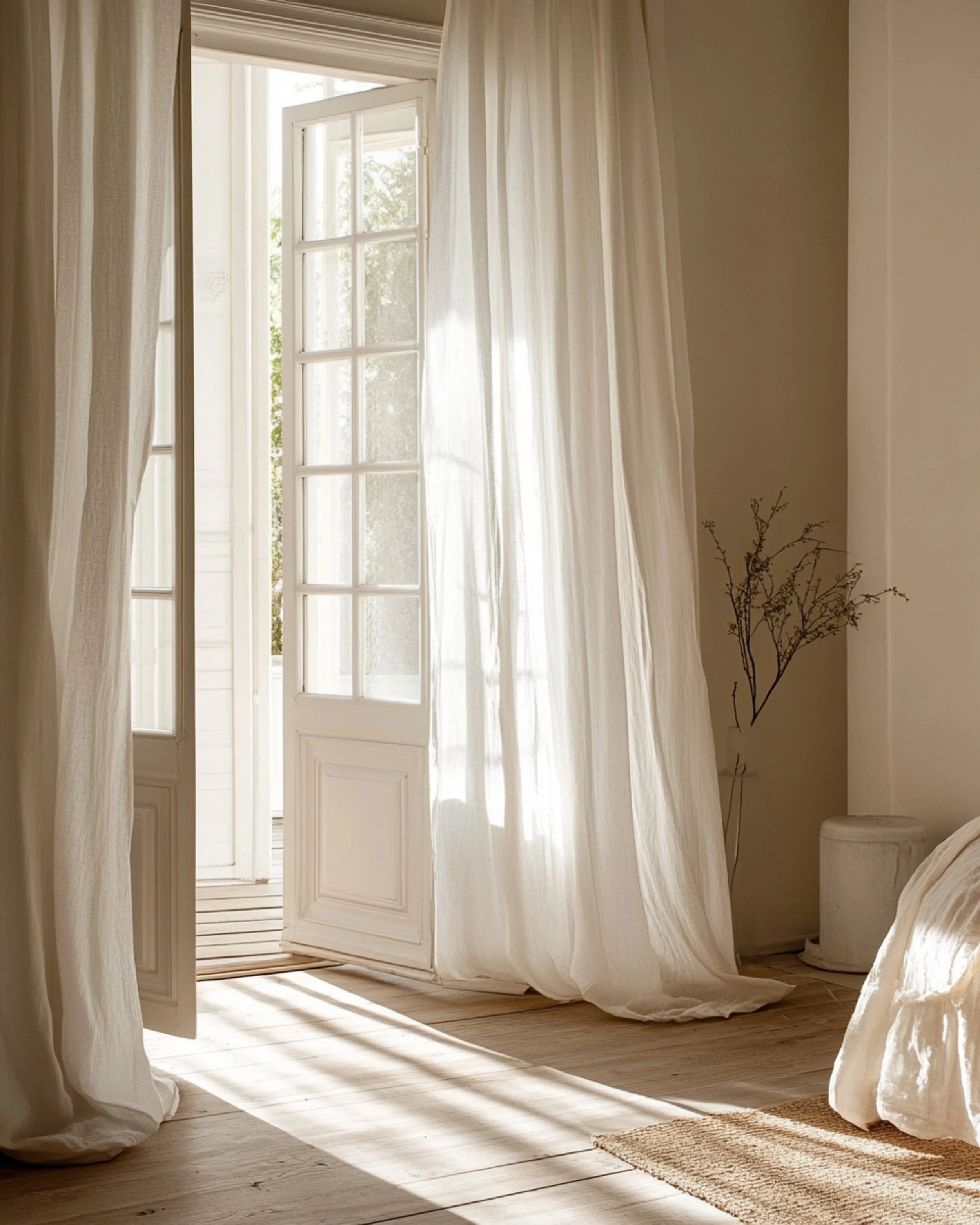 Sunlit room with open white French doors, sheer white curtains, a small woven rug, and a potted plant with branches in the corner.