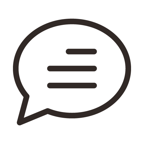 Black speech bubble icon with horizontal lines representing text.
