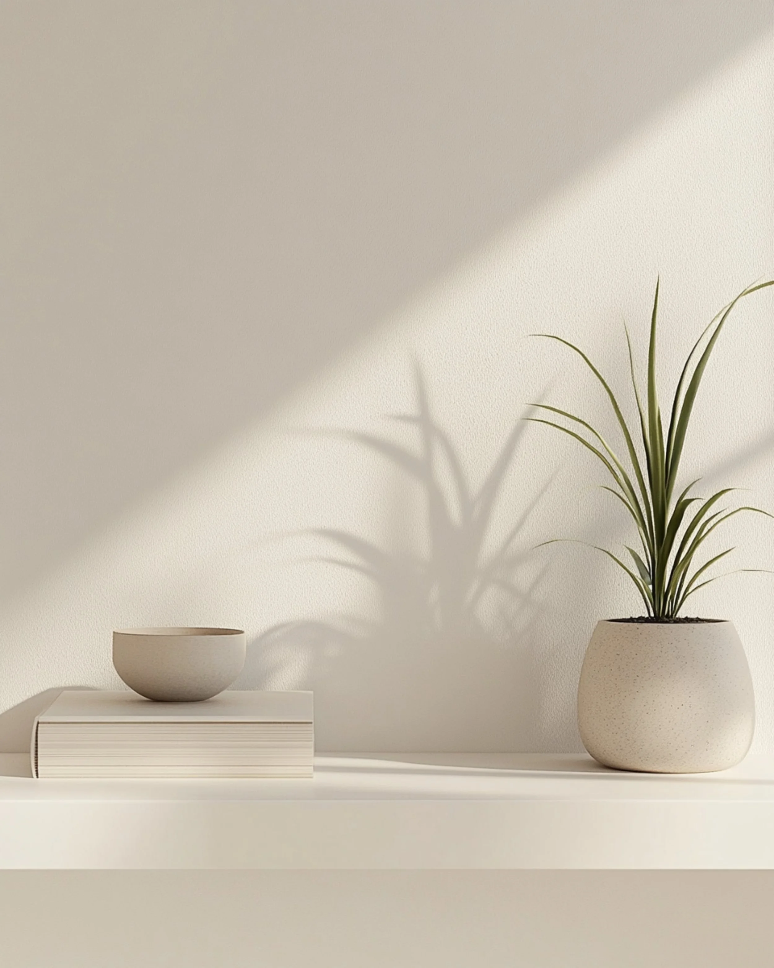 A minimalistic interior arrangement featuring a white side table with a stack of books, a round white bowl, a potted green plant on a larger white pot, and a beige wall with soft shadows.