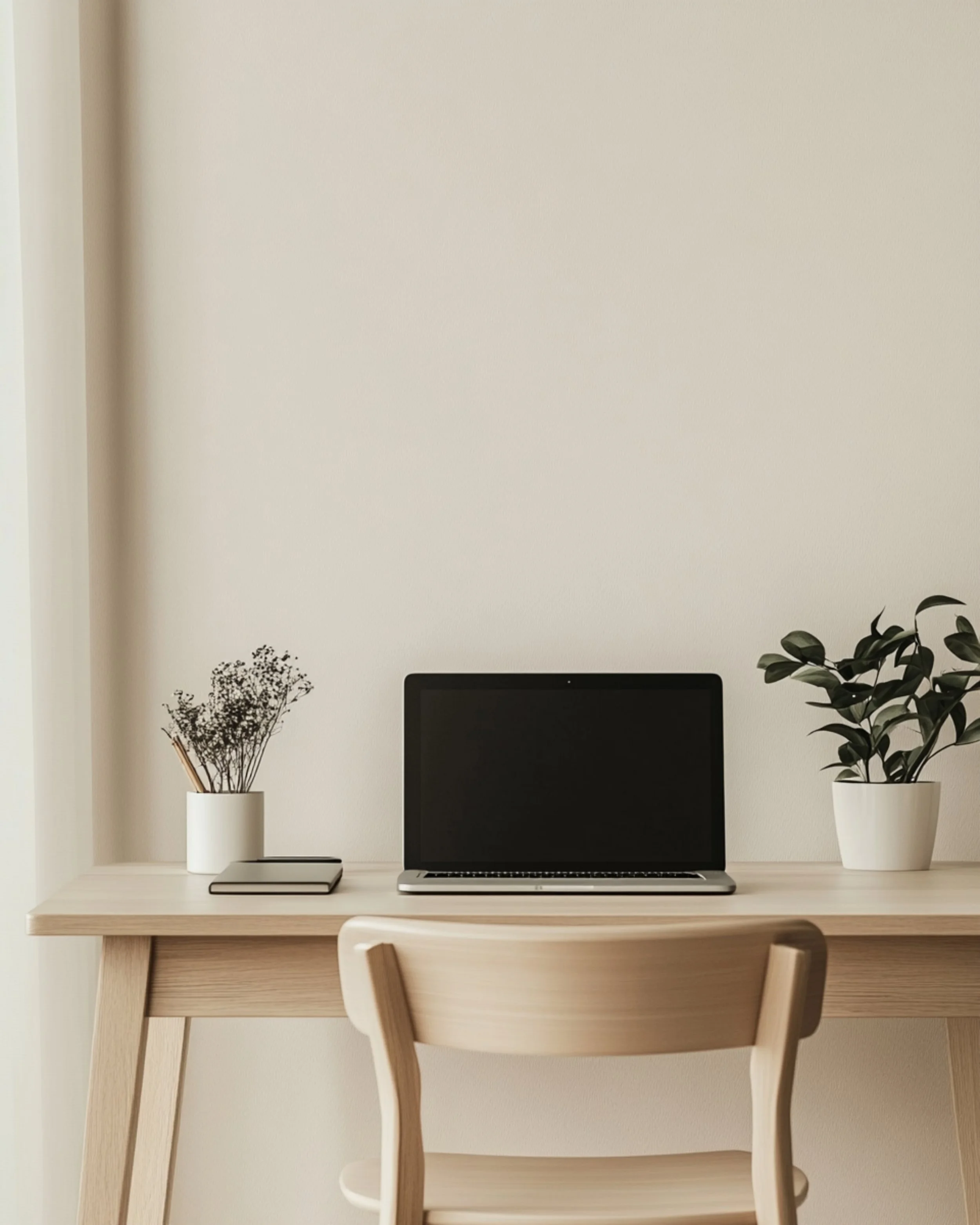 A clean workspace featuring a light wood desk with a closed notebook, a laptop computer, and two white potted plants flanking each side of the laptop against a plain white wall.