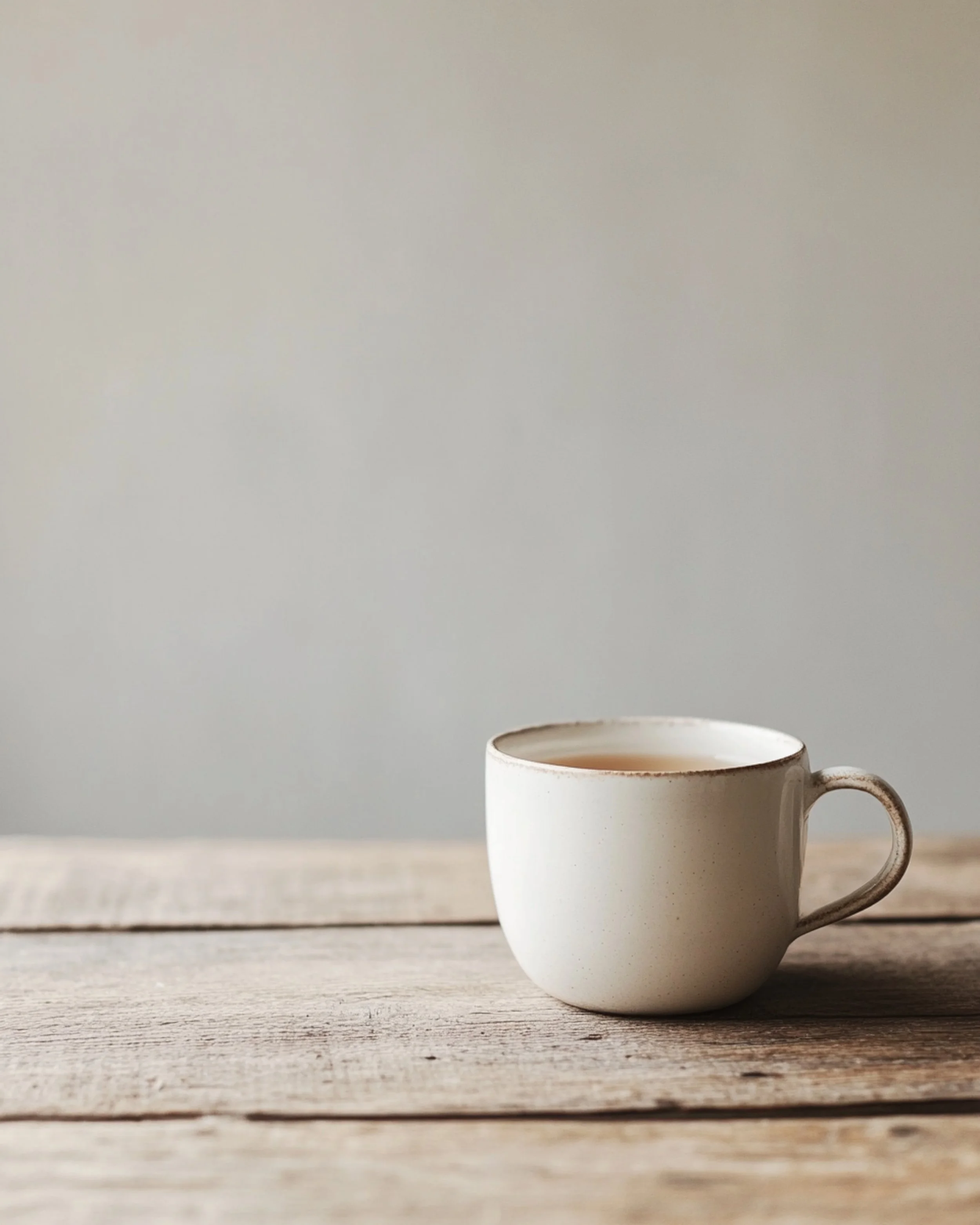 A white ceramic mug with a handle, placed on a wooden surface. The background is plain and light-colored, creating a minimalist aesthetic.