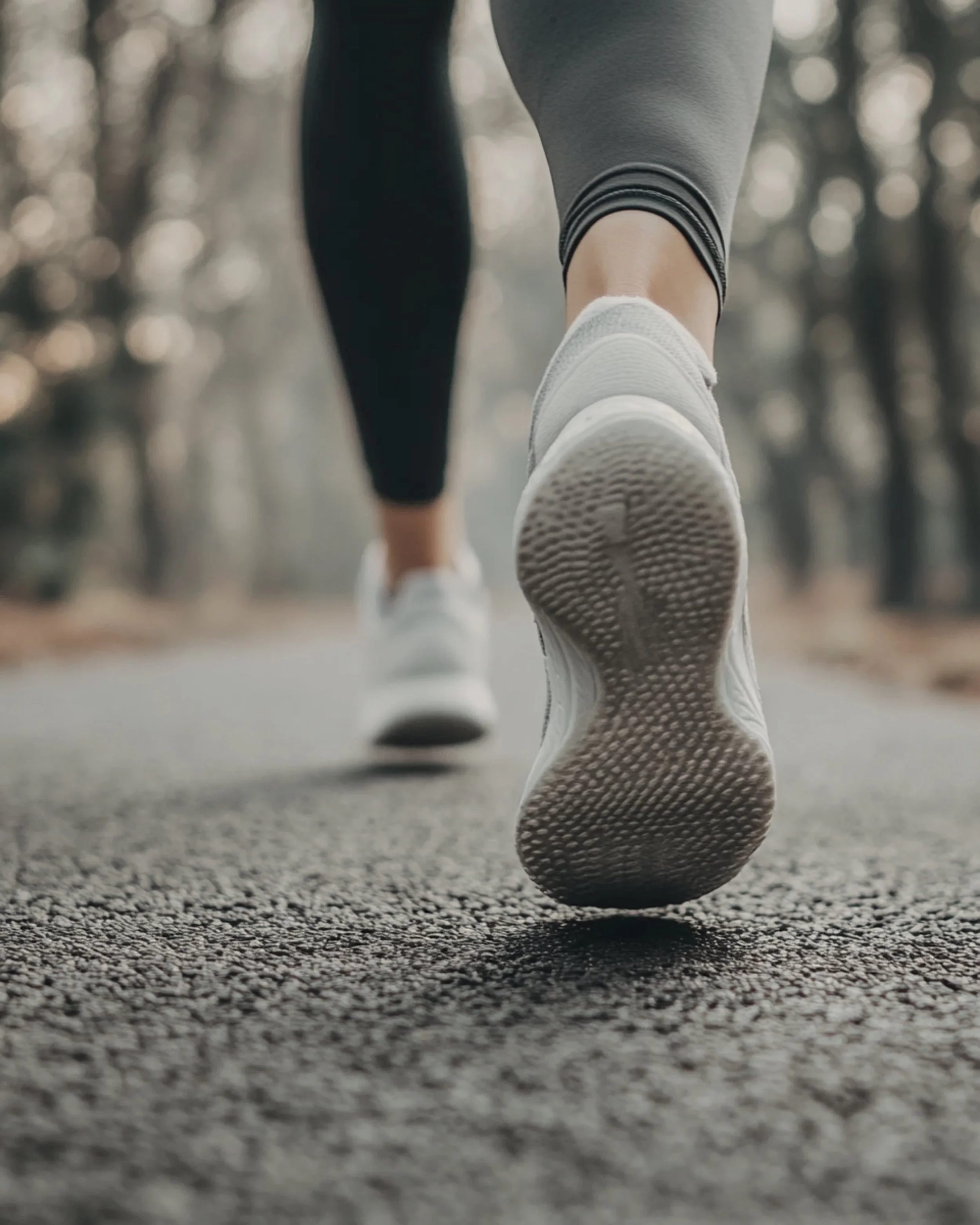 Close-up of a person walking or running on a textured outdoor surface, with focus on their white athletic shoes and striped leggings, the background blurred with natural colors.