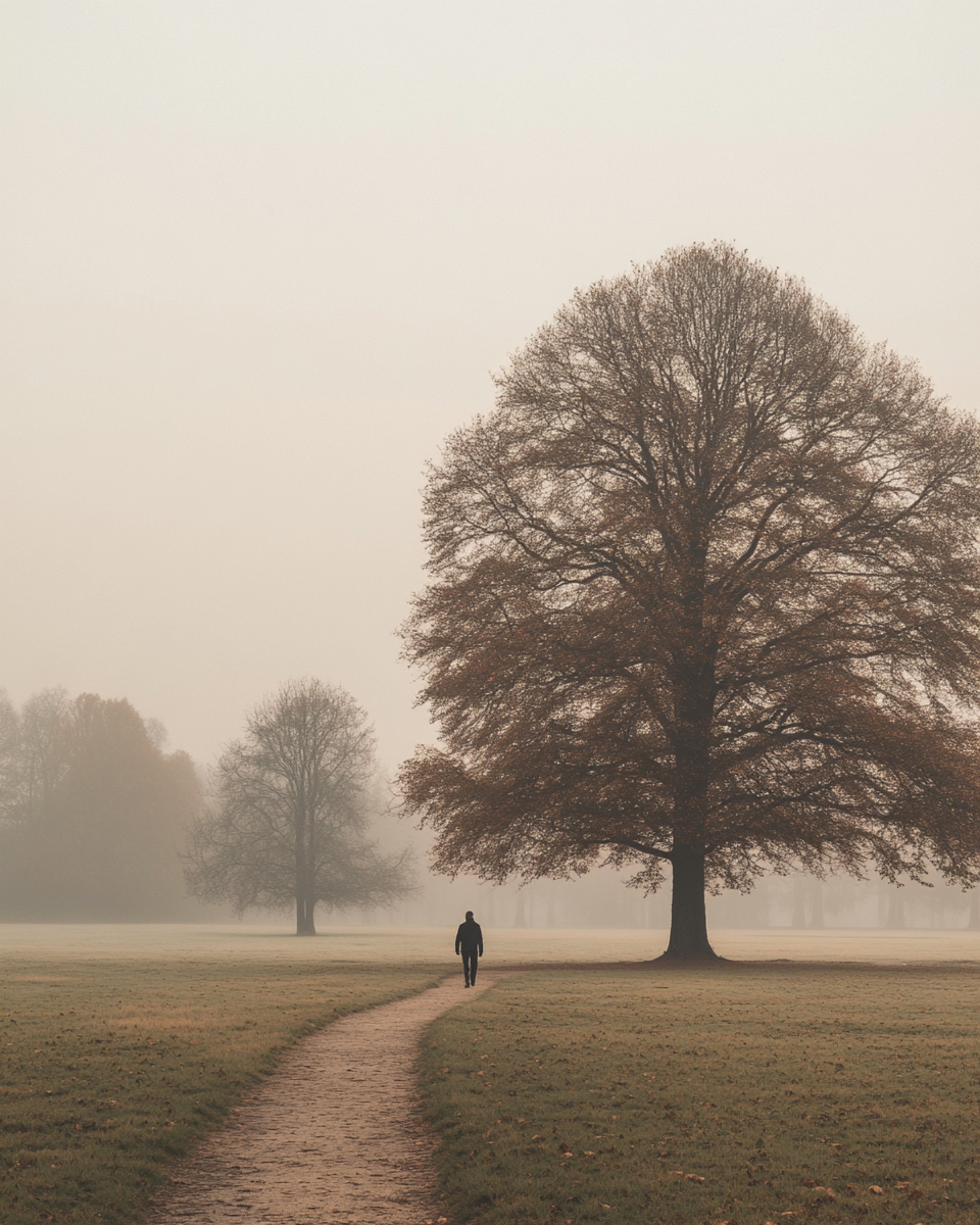A solitary man walking along a winding dirt path, flanked by large leafless trees, in a foggy park on a cloudy day.