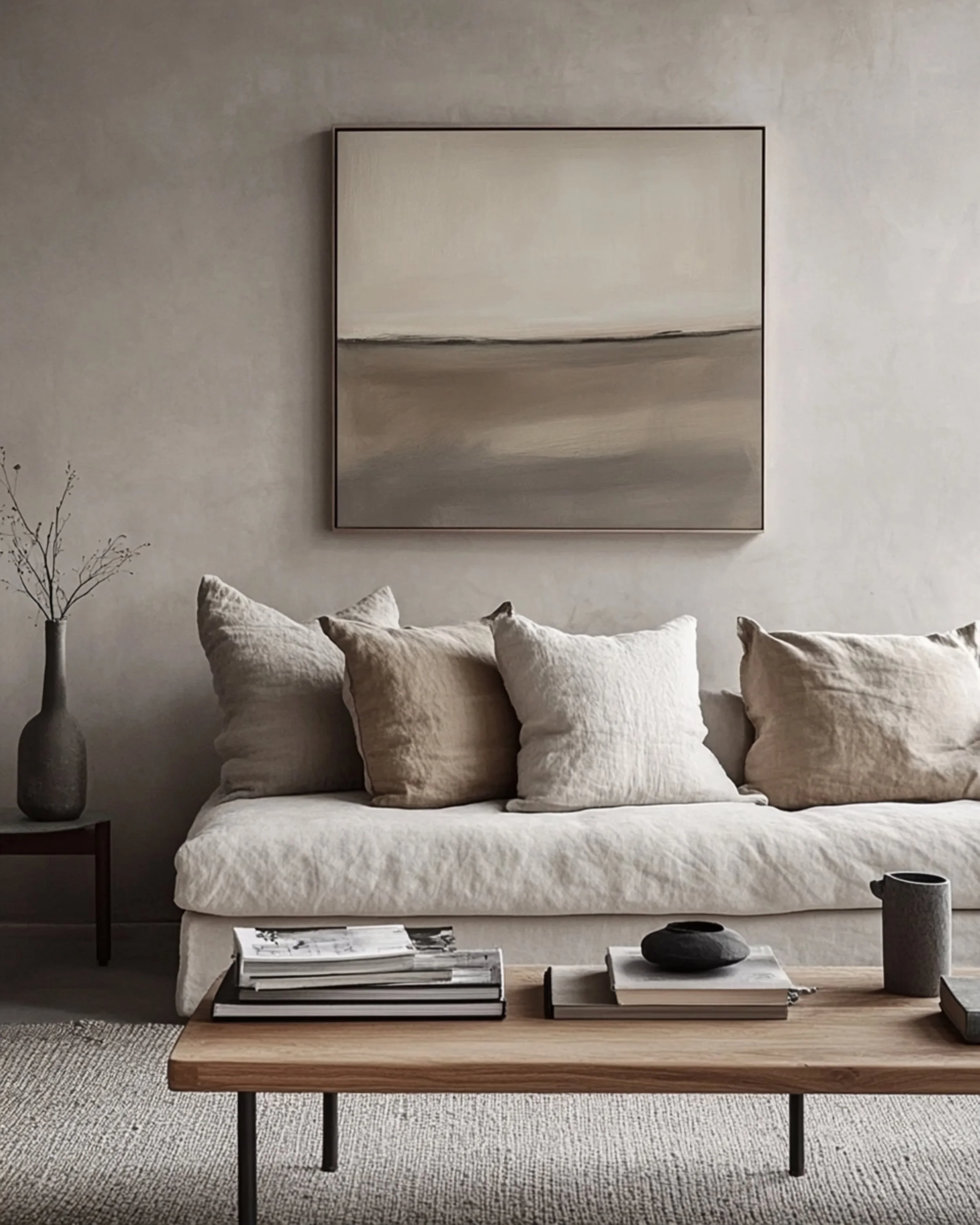 Living room with a beige couch holding multiple beige cushions, a black side table with a tall gray vase, a wooden coffee table with stacks of magazines and a black stone decor piece, a large abstract painting on the wall, and a textured gray rug.